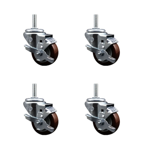Service Caster 3 Inch Maroon Polyurethane Wheel Swivel 58 Inch Threaded Stem Caster Set with Brake SCC SCC-TS20S314-PPUB-MRN-TLB-58212-4 - main